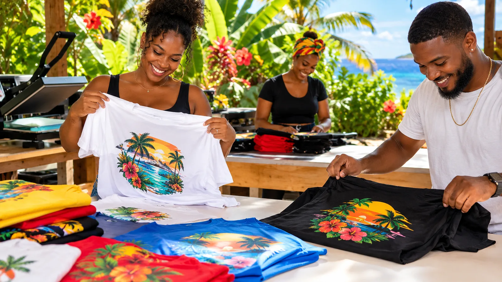 T-shirts personnalisés en impression DTF réalisés par IGS Custom Bar à Pointe-à-Pitre, livrés en Martinique